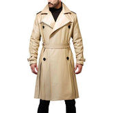 Beige Brown Versatile Sheepskin Fit Long Trench Leather Coat For Men